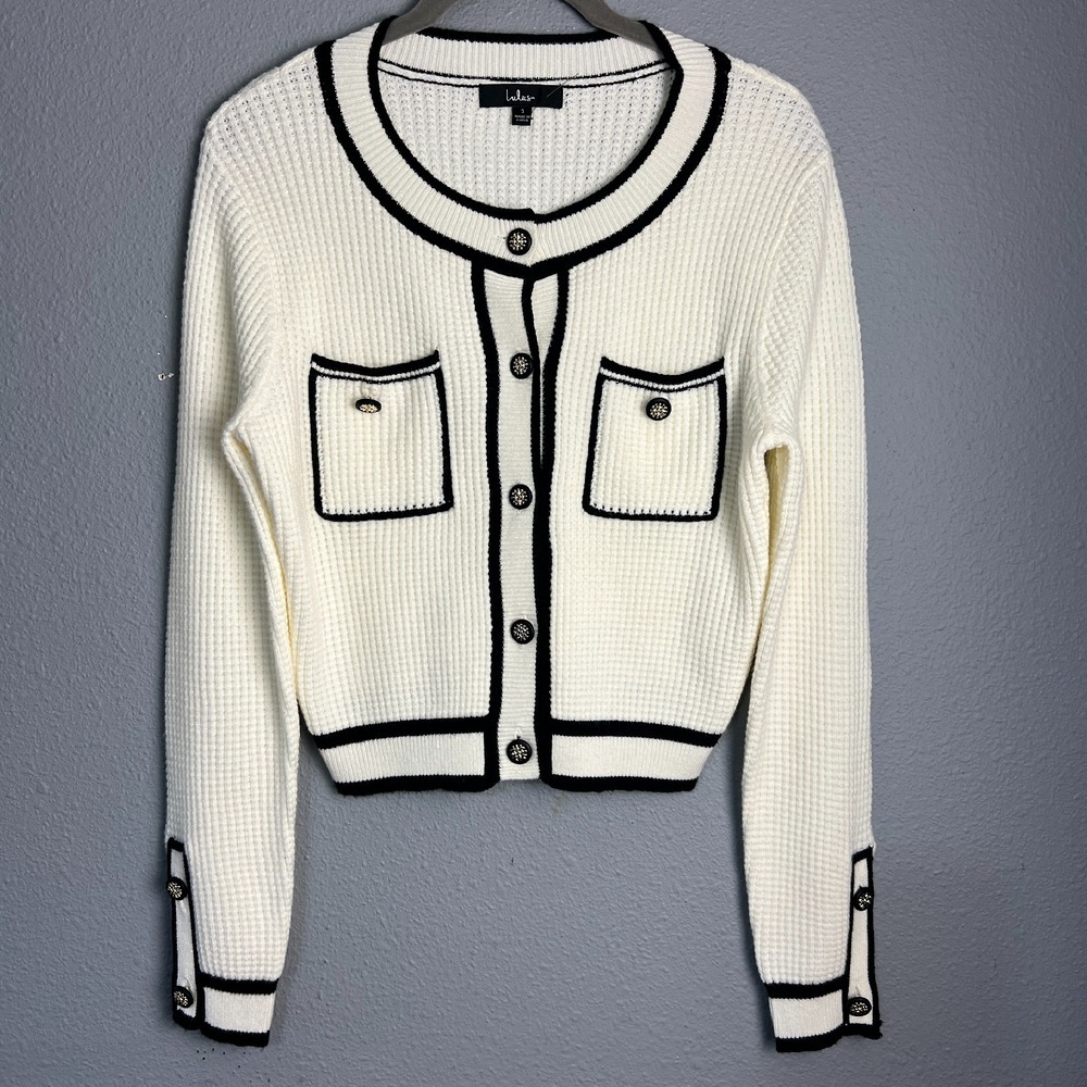 Lulus Impressively Iconic Ivory Waffle Knit Contrast Cardigan Cropped Sweater Sm
